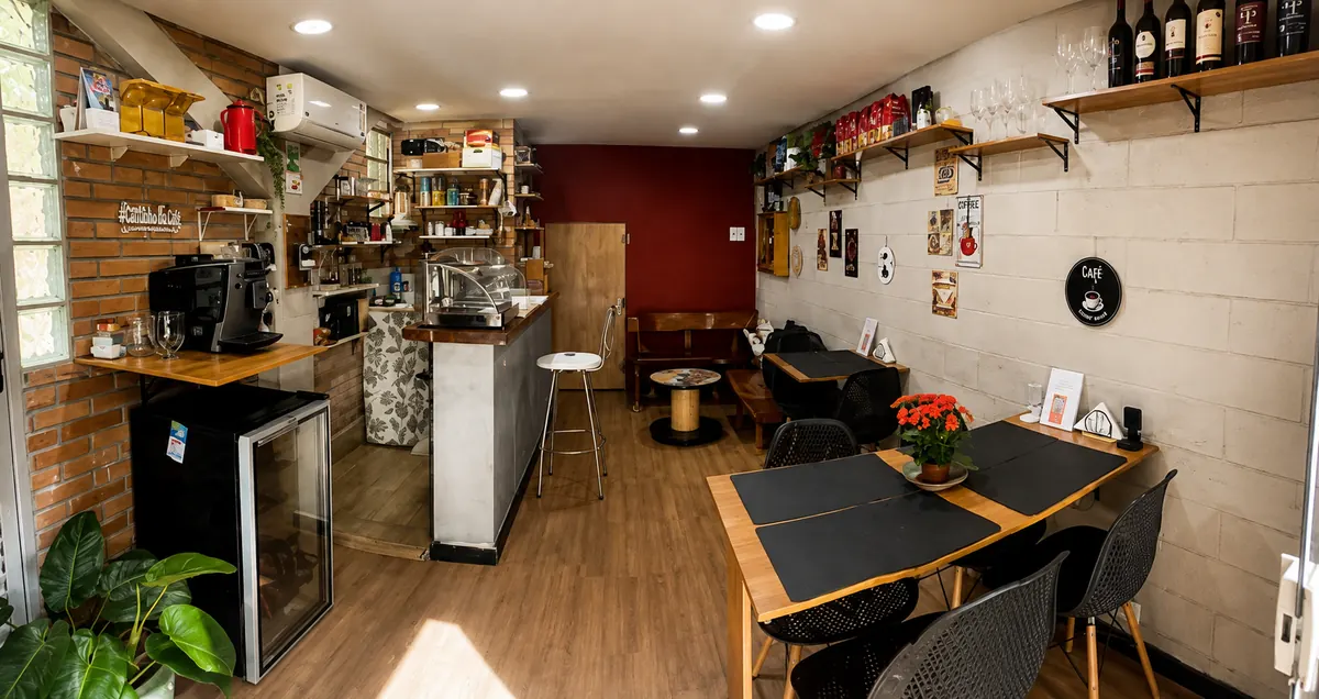 Salão da Carpelo: balcão com máquina de espresso, parede de tijolo, prateleiras com xícaras e mesas ao fundo