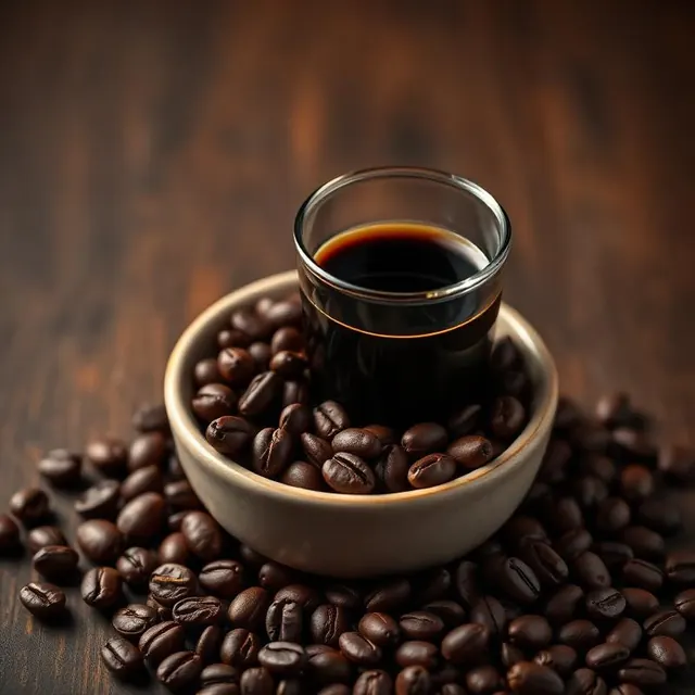 Grãos de café torrados ao redor de uma xícara de espresso
